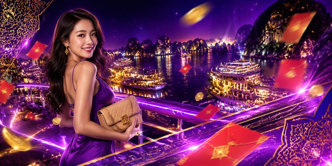 Bầu không khí lễ hội neon tại Hạ Long với hình ảnh phong bì đỏ may mắn và ánh đèn sòng bài rực rỡ