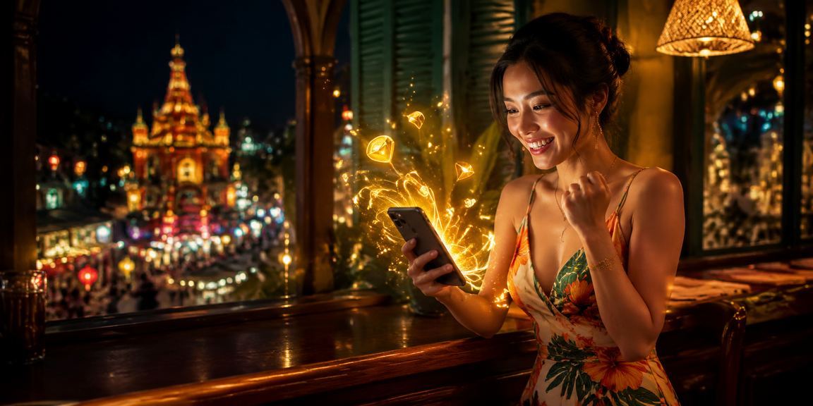 Người dùng Nha Trang ngồi uống cà phê và xem phân tích kèo bóng đá trên ứng dụng điện thoại buổi sáng